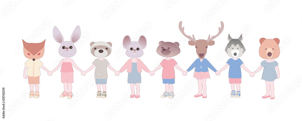 Eight children holding hands, with animal heads, isolated on white background Eight children holding hands, with animal heads, isolated on white background