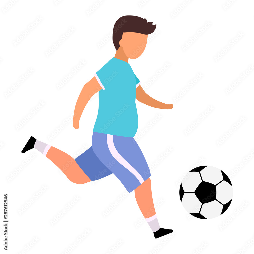 Boy playing football flat vector illustration. Obese teenager doing sports to lose weight isolated cartoon character on white background. Children outdoor activities, hobby, leisure time idea