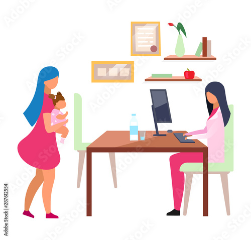 Woman visiting pediatrician flat vector illustration. Young mother holding cute baby girl isolated cartoon character on white background. Nutritionist consulting on child obesity problem