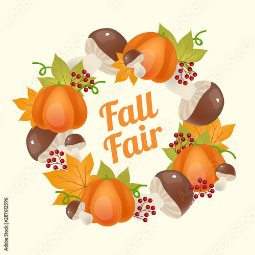 Autumn fair social media post mockup. Fall harvest frame with lettering and pumpkins. Advertising web banner template. Social media booster, content layout. Poster, print ads with flat illustrations
