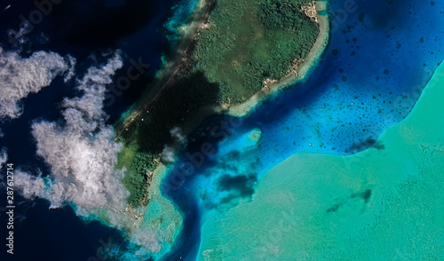 Landscape of the coast of the resort island of Bora Bora from a bird's eye view