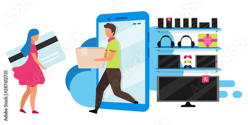 Electronics online store flat vector illustration. Order delivery, cash free purchase service. Eshopping, internet appliance store. Customer and seller isolated cartoon character on white background