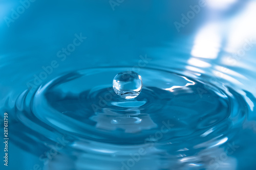 Large falling drop of water close-up. Splash of water, rain.