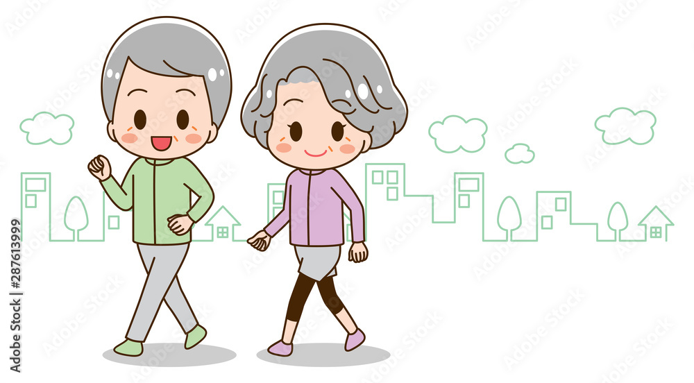 Senior woman and senior man walking illustration set Senior woman and senior man walking illustration set