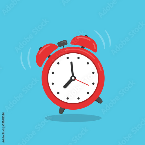 Red alarm clock isolated on blue background. Vector illustration in flat style.