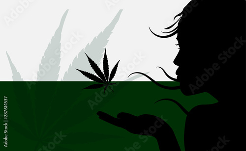 Beautiful young woman blowes on marijuana leafs, vector design template