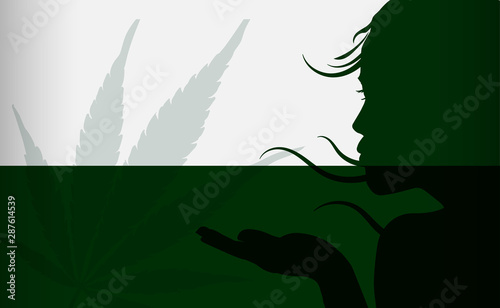 Beautiful young woman blowes on marijuana leafs, vector design template