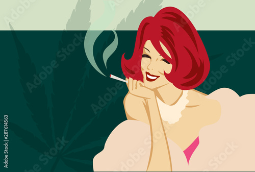 Smoked lady and marijuana leaf. Retro styled flat vector image