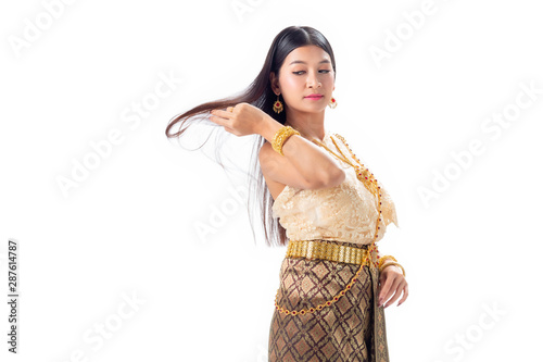 Beautiful woman smiling in national traditional costume of Thailand. Isolate on white background.