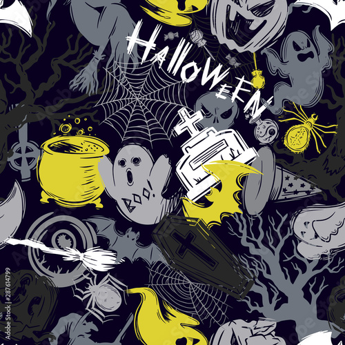 Abstract seamless halloween pattern for girls, boys, clothes. Creative background with scary lement. Funny wallpaper for textile and fabric. Fashion style. Colorful bright
