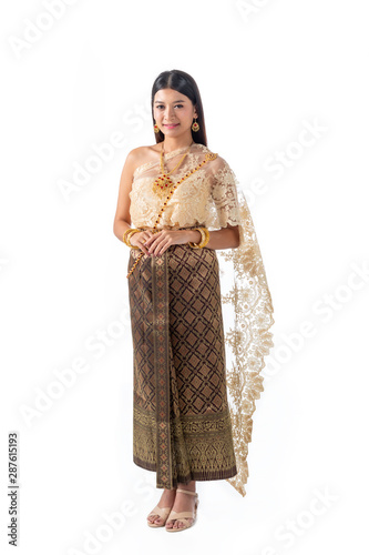 Beautiful woman smiling in national traditional costume of Thailand. Isolate on white background.