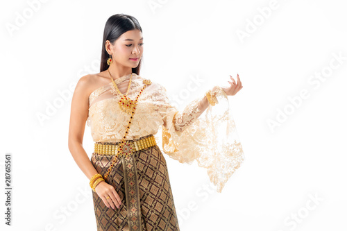 Beautiful woman smiling in national traditional costume of Thailand. Isolate on white background.