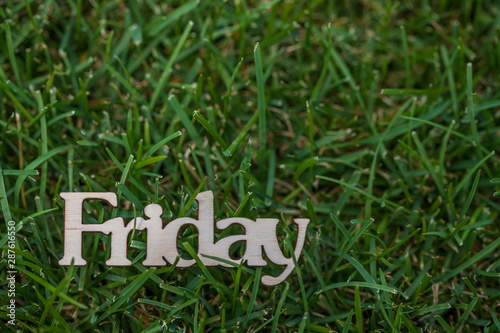 The word Friday against green grass