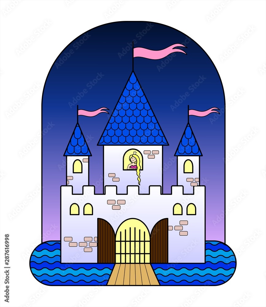 Fairytale Castle With Three Towers, With a Princess, With Flags, Gates, Moat, Drawbridge. Fairytale Castle For Girls. A Sad Princess With Long Hair is Waiting For A Knight In The Castle. Vector Image.