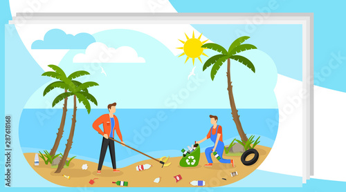 Garbage and trash, danger for ecology. A group of people collects trash on the ocean. Turtle swimming in the sea between waste. Vector illustration. Bags and bottles