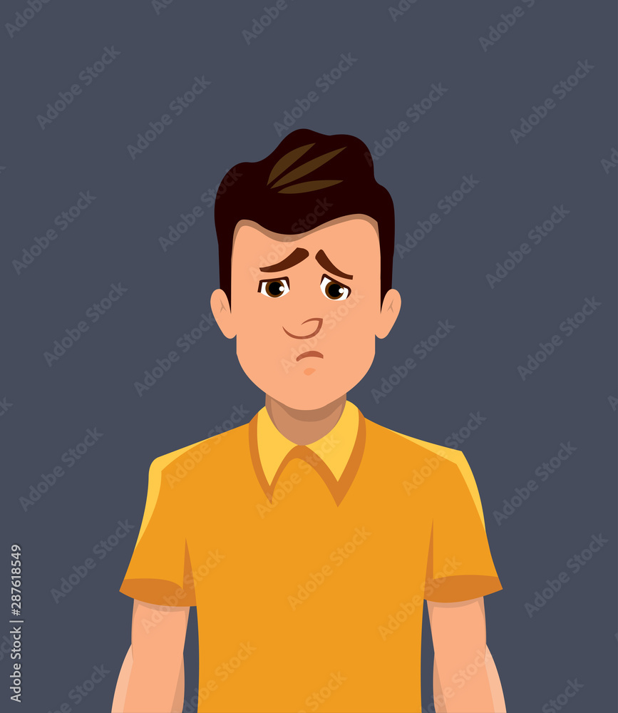 sorrow facial expression. unhappy young man expression vector illustration in cartoon style.