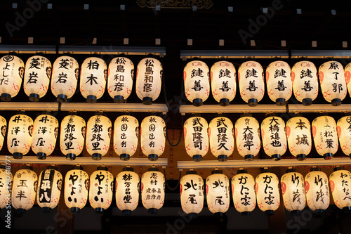 Paper lantern hang up at stage of Yasaka Shrine, once called Gion Shrine is a Shinto shrine in the Gion District of Kyoto, Japan photo