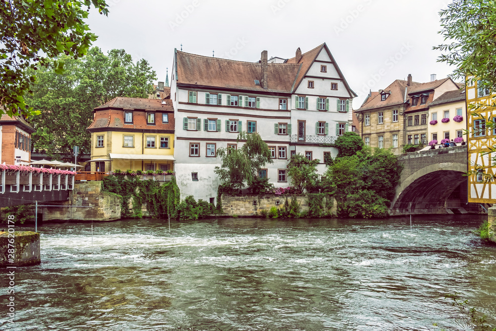 Traditional architecture and Regnitz river in Bamberg, Germany