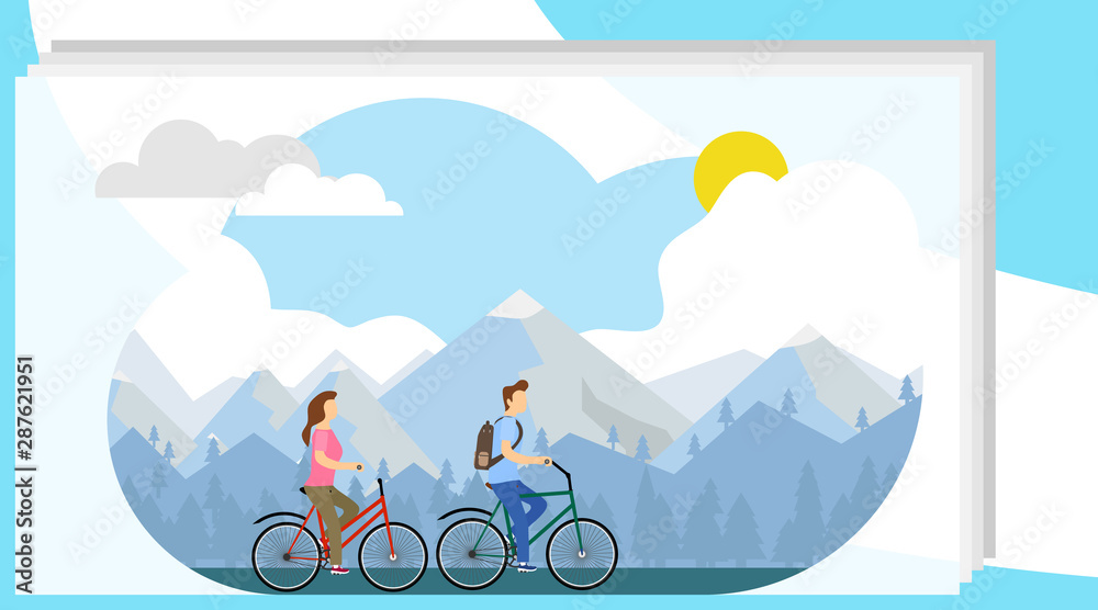 Fototapeta Biking, cycling. A man and a woman ride a bicycle against the backdrop of the cityscape. Vector illustration