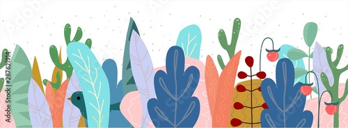 Vector Seamless Floral Border Of Leaves, Plants and Flowers with a Hidden Bird. Horizontal Seamless Natural Pattern On a white background.