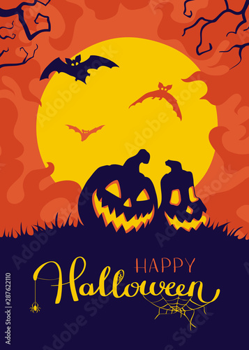 Halloween night background with Moon and Jack O' Lanterns. Vector illustration.