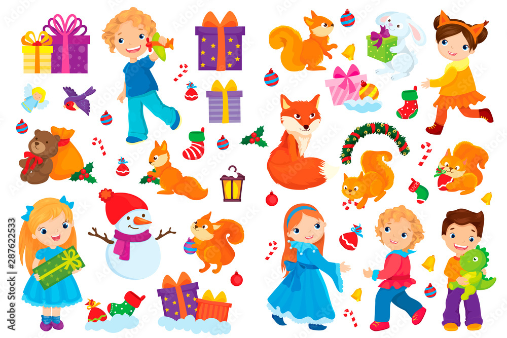 Christmas Vector Set Of Children And Animals