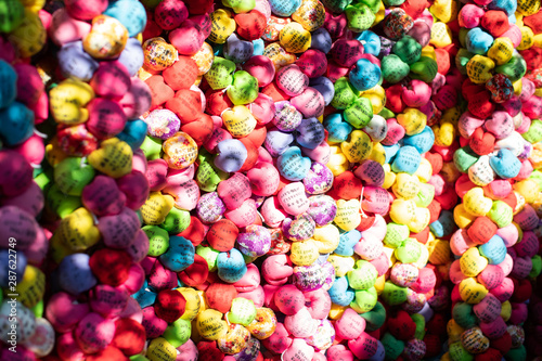 Kukurizaru - color balls, a monkey with bound feet and hands in Daikoku-san Kongō-ji Kōshin-dō temple. It help your wish become true photo