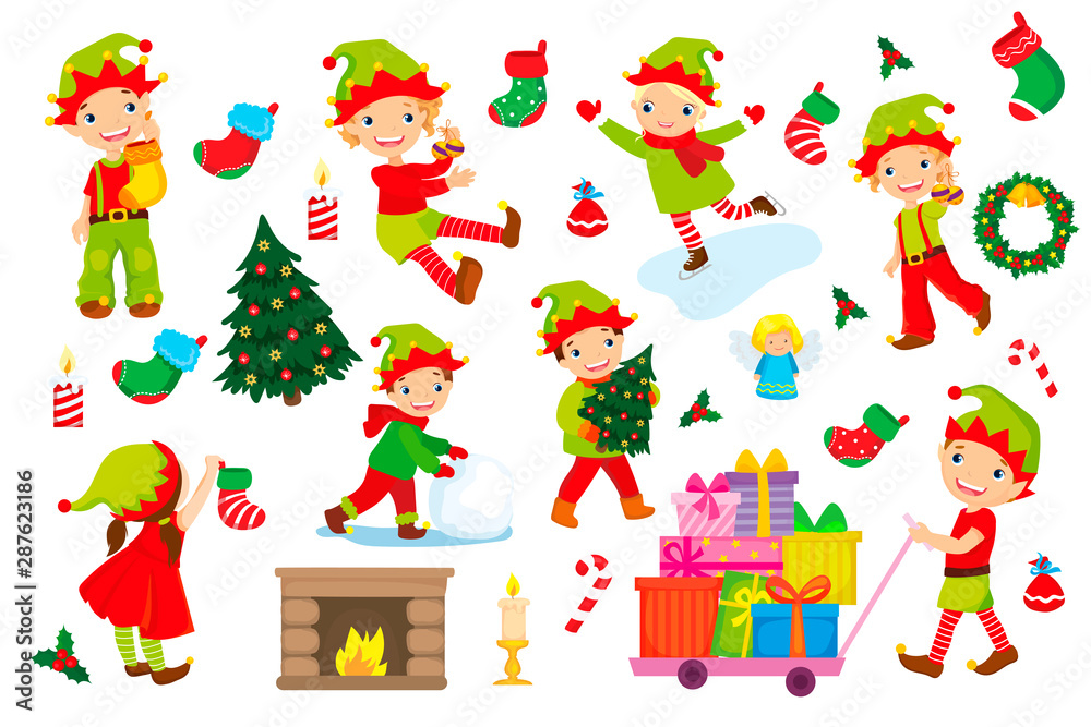 Naklejka premium Set Of Elves Getting Ready For Christmas