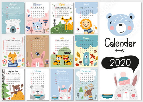 Calendar 2020. Yearly Planner Calendar with all Months. Templates with cute hand drawn animals in Scandinavian style. Vector illustration. Great for kids  nursery  poster and printable.
