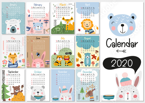 Calendar 2020. Yearly Planner Calendar with all Months. Templates with cute hand drawn animals in Scandinavian style. Vector illustration. Great for kids, nursery, poster and printable.