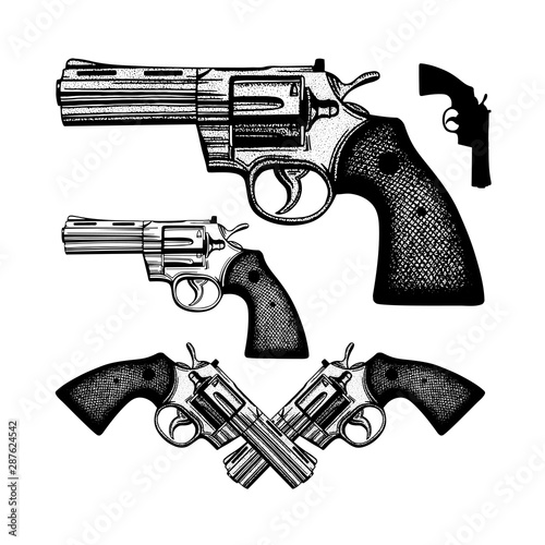 Revolver. Hand drawn vintage revolver vector illustration. Engraving style old pistols set.