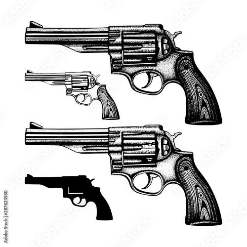 Revolver. Hand drawn vintage revolver vector illustration. Engraving style old pistols set.