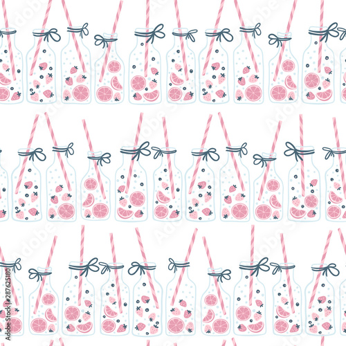 Lemonade pattern. Vector seamless pattern in simple hand-drawn Scandinavian style with bottles of summer drink with strawberries, citrus fruits and berries. Limited palette ideal for printing.