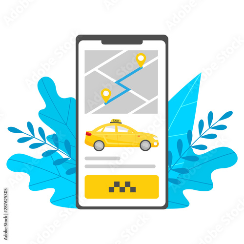 A phone screen with a taxi call application is surrounded by foliage. In a smartphone, a card with pins, a yellow cab and a button. Isolated on white background.