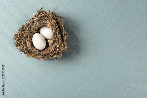 White eggs in tight nest. Top view of white eggs in nest