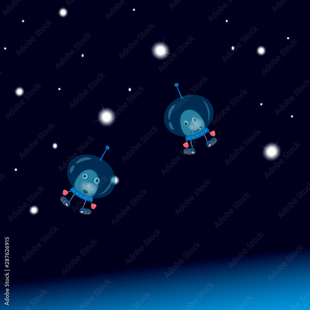two little funny cartoon astronauts in spacesuits fly in space among the stars.