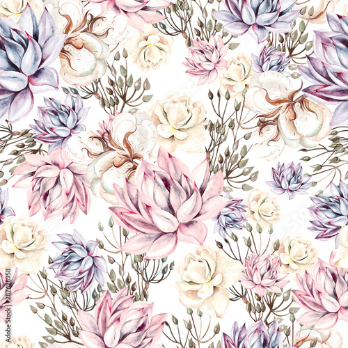 Photo Watercolor succulents seamless pattern