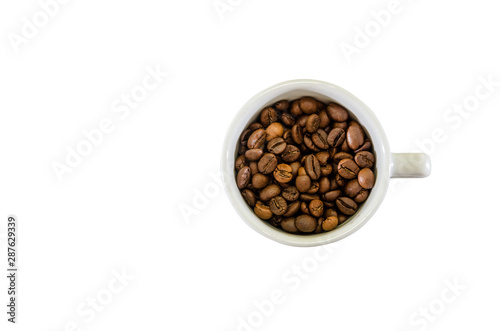 cup with coffee beans isolated on white background
