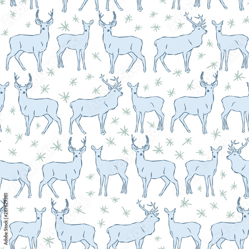 Vector winter seamless pattern with deer, stag, doe, hand drawn illustration. Winter theme snowfall wallpaper.