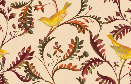 Seamless pattern with birds and branches with exotic leaves. Hand drawn by color pencils realistic flora and fauna background. Nature motif. Backdrop for fashion design, fabric, textile, wallpaper.