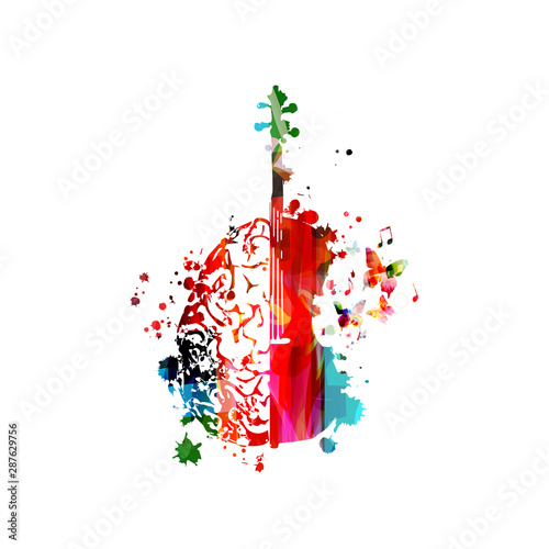 Colorful violoncello with human brain isolated vector illustration design. Music background. Cello poster with music notes, music festival poster, live concert events, party flyer 