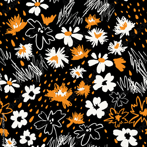 Flowers in doodle style. Seamless pattern made of daisies and abstract flowers. Outline drawings and silhouettes. Flat botanical background.