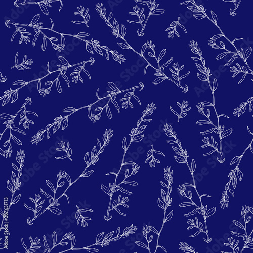 Seamless Pattern herbs and flowers painted black line. Space for text. Vector drawing on blue