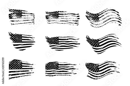 Black vintage USA flags illustration. Vector American flag on grunge texture set.