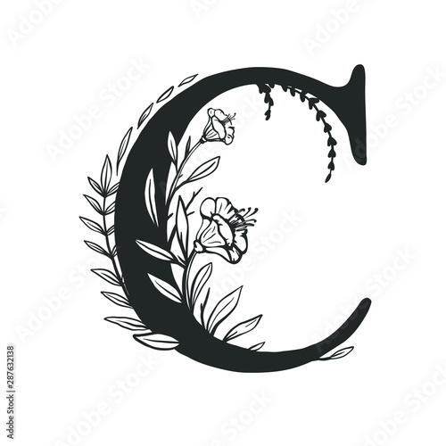 Capital letter "C" with floral elements. Hand drawn vector floral monogram with bell flowers.