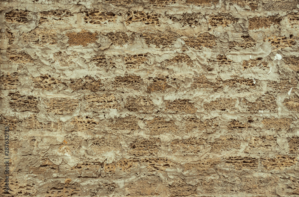 Background of a brick wall made of shell, the texture of porous stone from shells for the manufacture of building blocks.