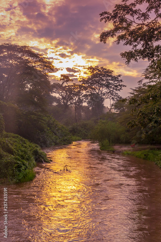 Sunrise view of Ishasha river, with trees growing and the reflections on the water, Queen Elizabeth National Park, Ishasha, Uganda, Africa photo