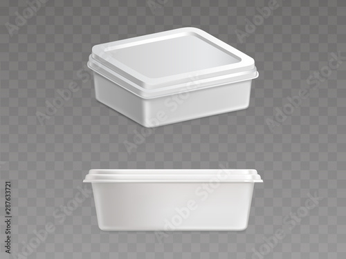 Blank white, rectangular, disposable plastic container for butter, margarine spread, cheese isolated side, perspective view 3d realistic vector illustration. Dairy food product sealed packaging mockup