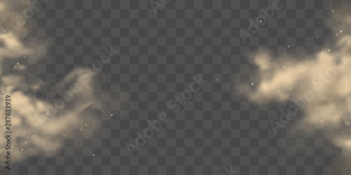 Cloud of brown, heavy thick dust bursting with from two sides, frozen motion 3d realistic vector background. City smog, polluted and dirty air with dust or dirt particles, soil erosion illustration