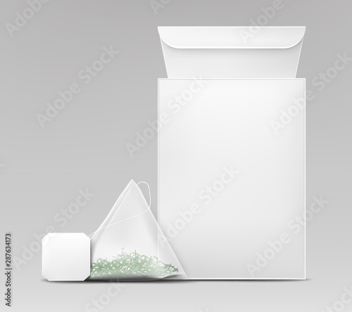 Green or herbal tea packaging front view 3d realistic vector design template, product mock-up. Unlabeled cardboard box, triangular teabag with leaves inside and blank white label tag illustration